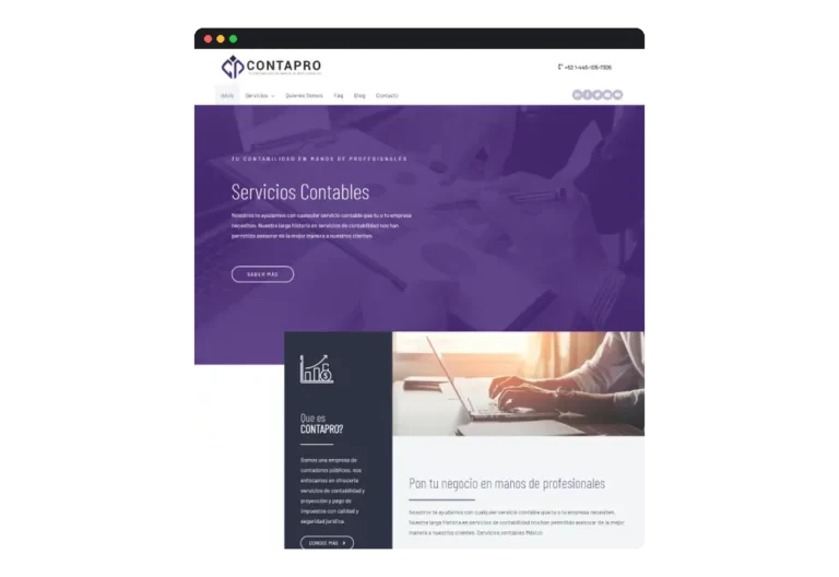 Sitio web de Contapro · Servicios contables desarrollado por Distinweb
