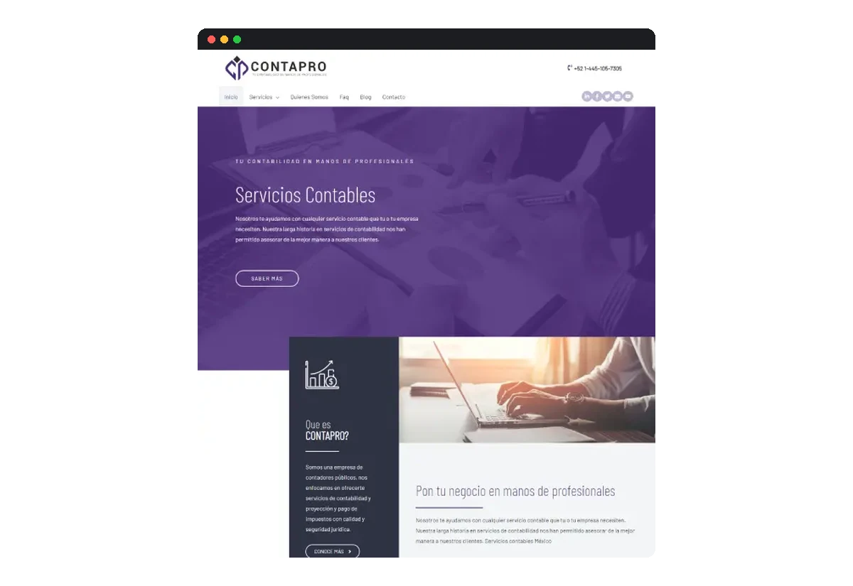 Sitio web de Contapro · Servicios contables desarrollado por Distinweb