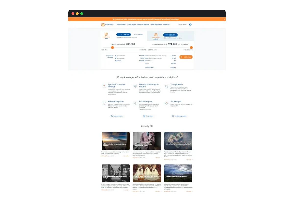 Sitio web de Credissimo Colombia desarrollado por Distinweb